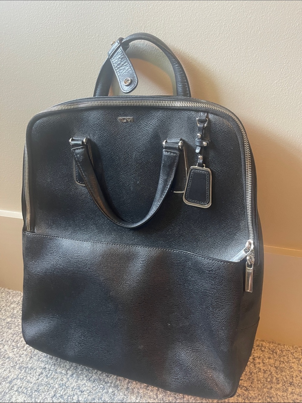 Tumi Black Leather Backpack Tote with Silver Hardware and Top Handles